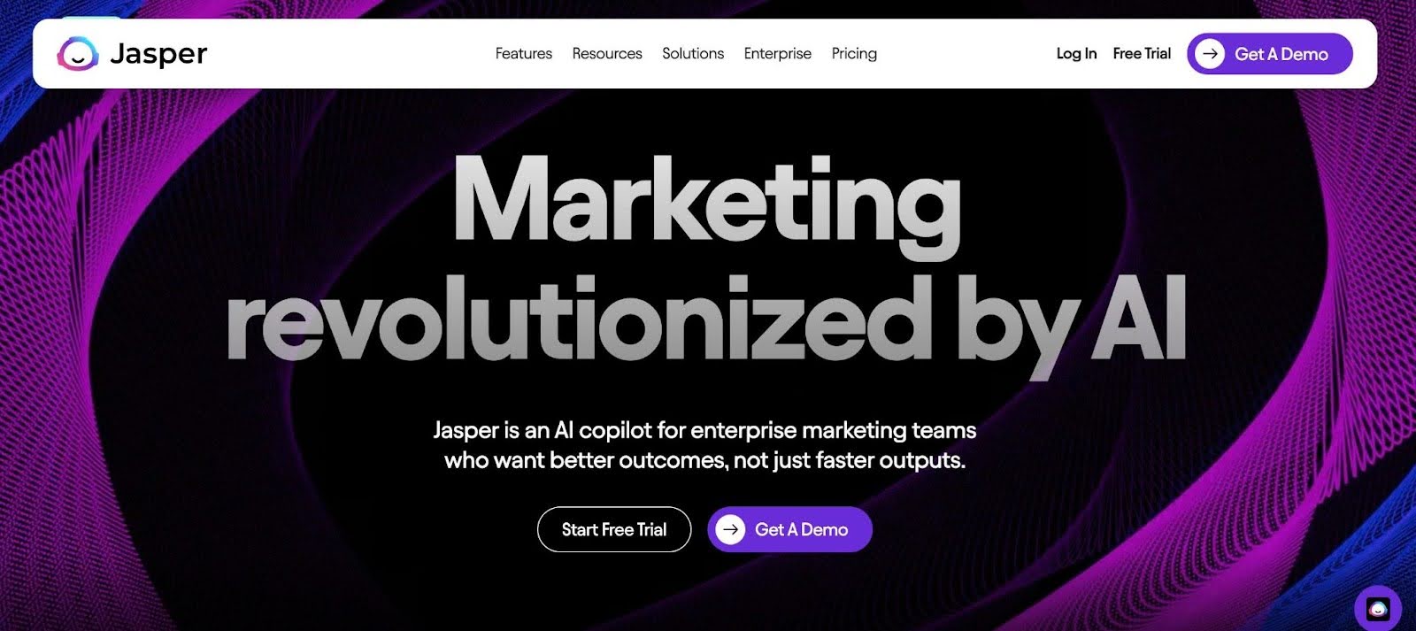 Jasper Home Page Text: Marketing Revolutionized by AI with CTA to get a demo or start a free trial.