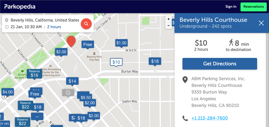 Screengrab of Parkopedia Beverly Hills parking map.