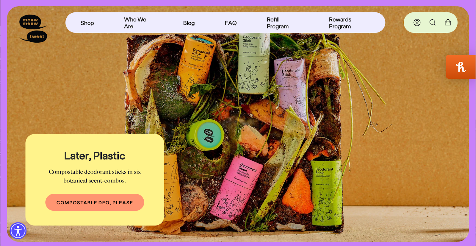 A compost cube including vegetables, dirt, and packaging from Meow Meow Tweet’s products.