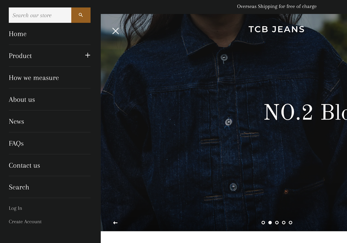 TCB Jeans home page with hamburger menu, icons for user accounts, and vertical navigation.