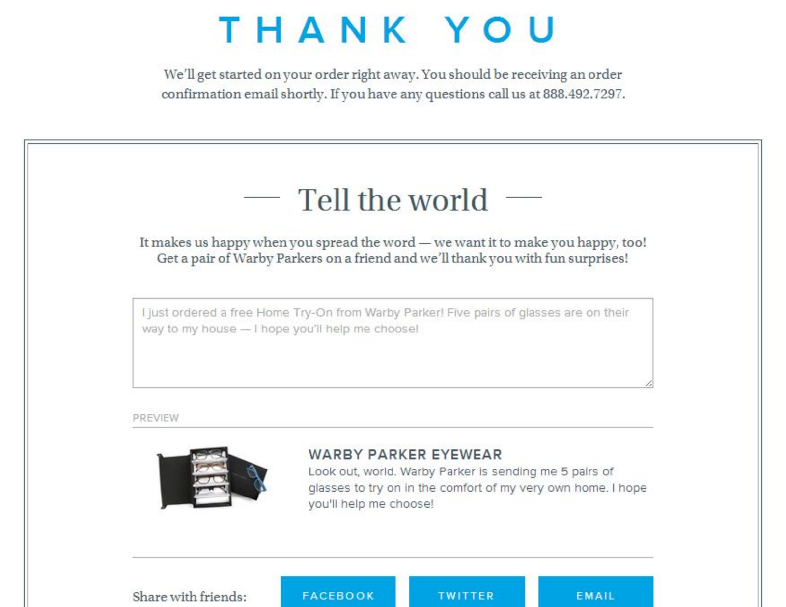 Warby Parker’s web page thanking customers with a text box for them to share their experience.