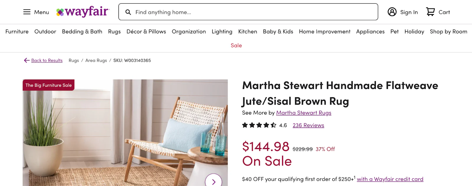 Wayfair product page shows path-based breadcrumbs with a "back to results" button