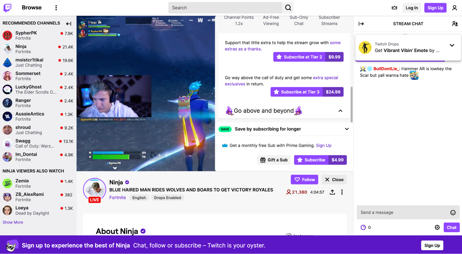 Ninja’s Twitch channel, featuring a list of recommended channels.