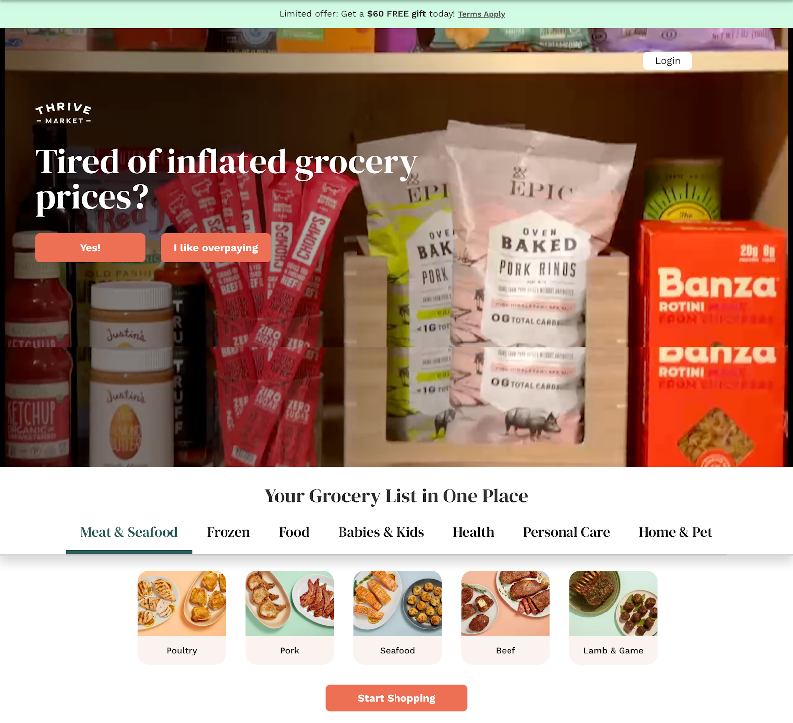 Thrive Market web page with banner of products sold on the website as well as product categories.