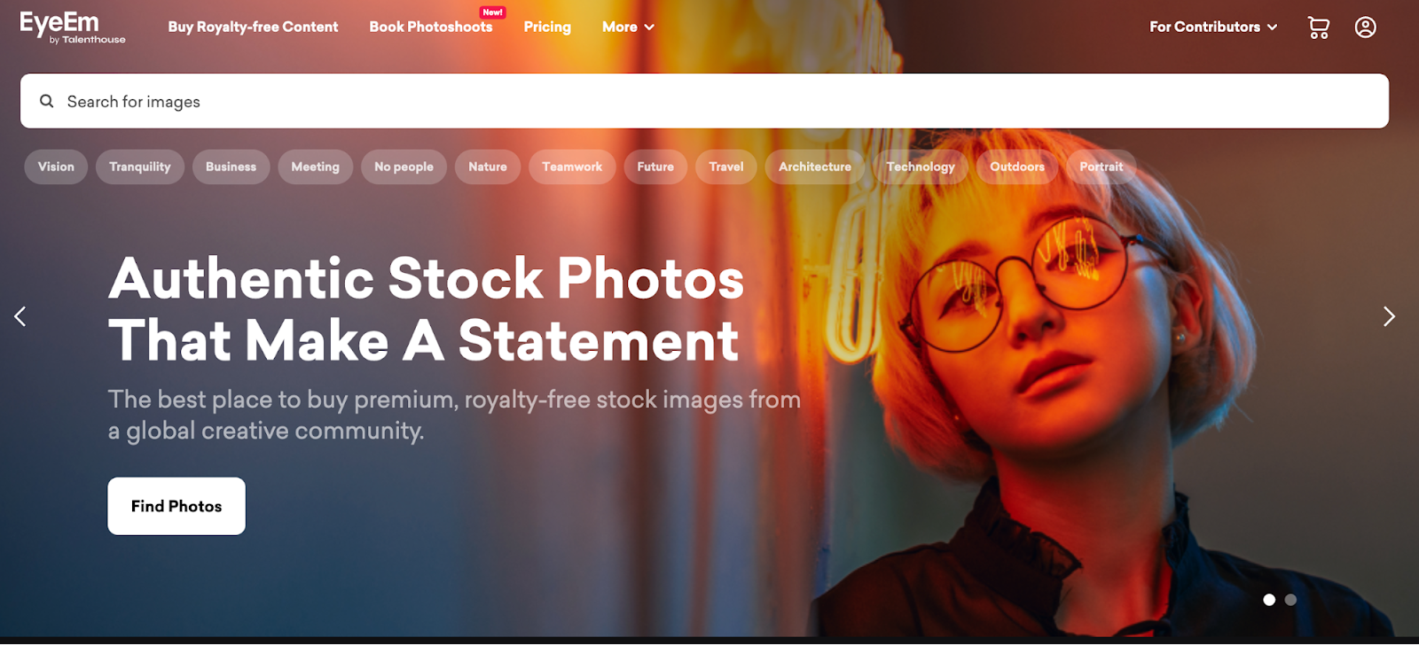 EyeEm website featuring a search bar for images and a message about the product overlaid on an artistic portrait of a person under neon lighting.