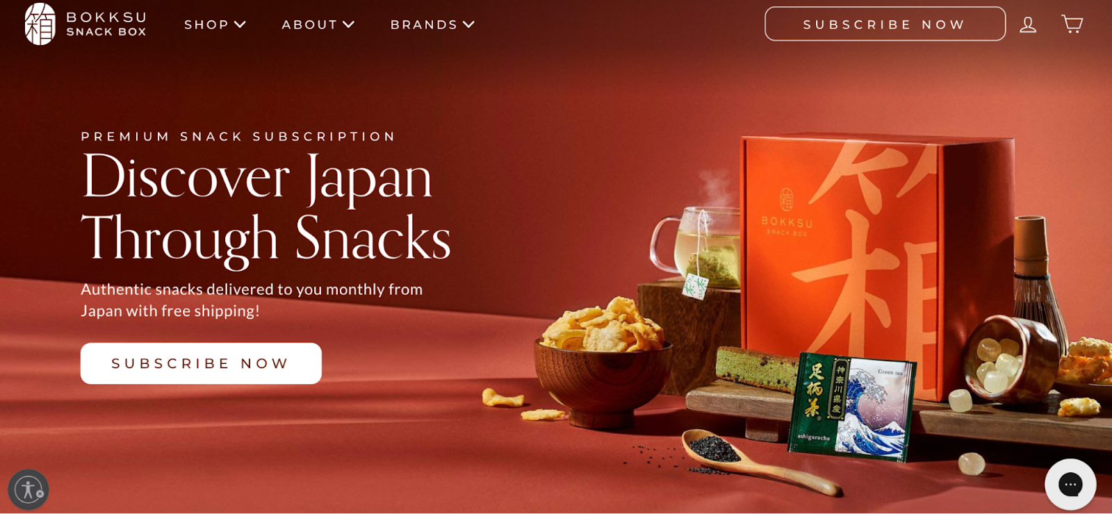 الصفحة الرئيسية لـ Bokksu Snack Box، والتي تعرض مثالاً للاشتراكات كفكرة للأعمال التجارية عبر الإنترنت.