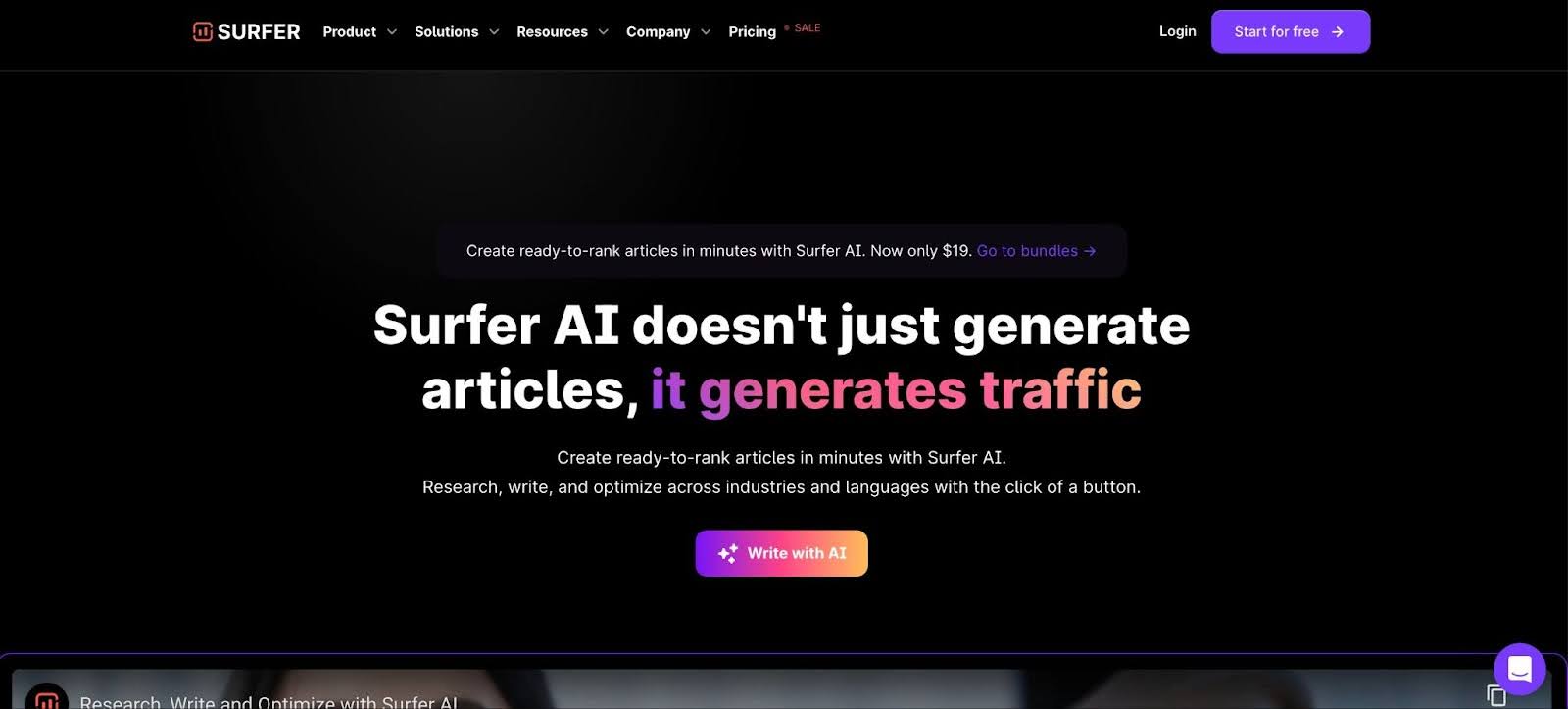 Black background product page: Surfer AI doesn't just generate articles, it generates traffic.