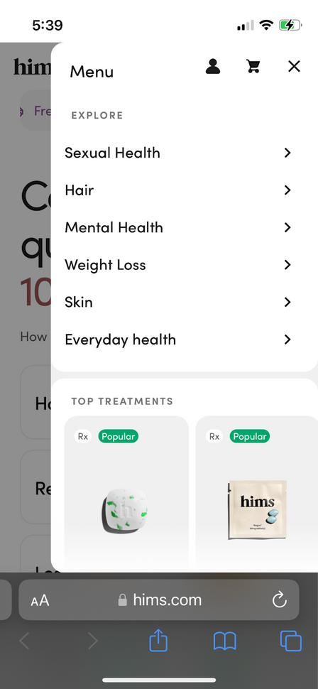 Hims' mobile navigation menu includes broad categories to help users find what they're looking for.