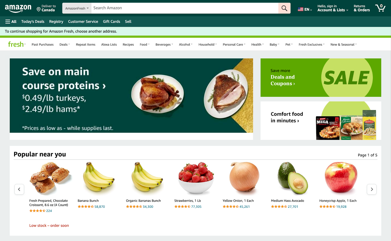 Amazon Fresh web page with ads and popular near you section for recommended products.