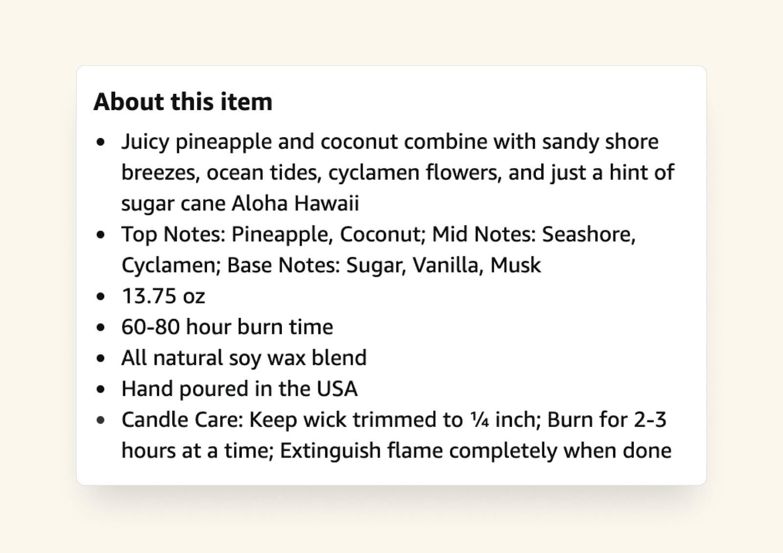 Amazon "About this item" product details for Homesick Scented Candles.