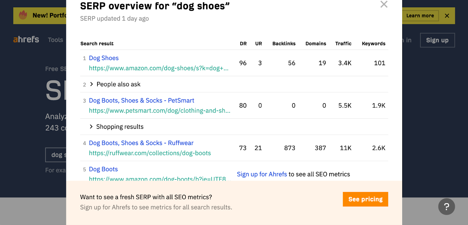 Ahrefs SERP overview for "dog shoes"