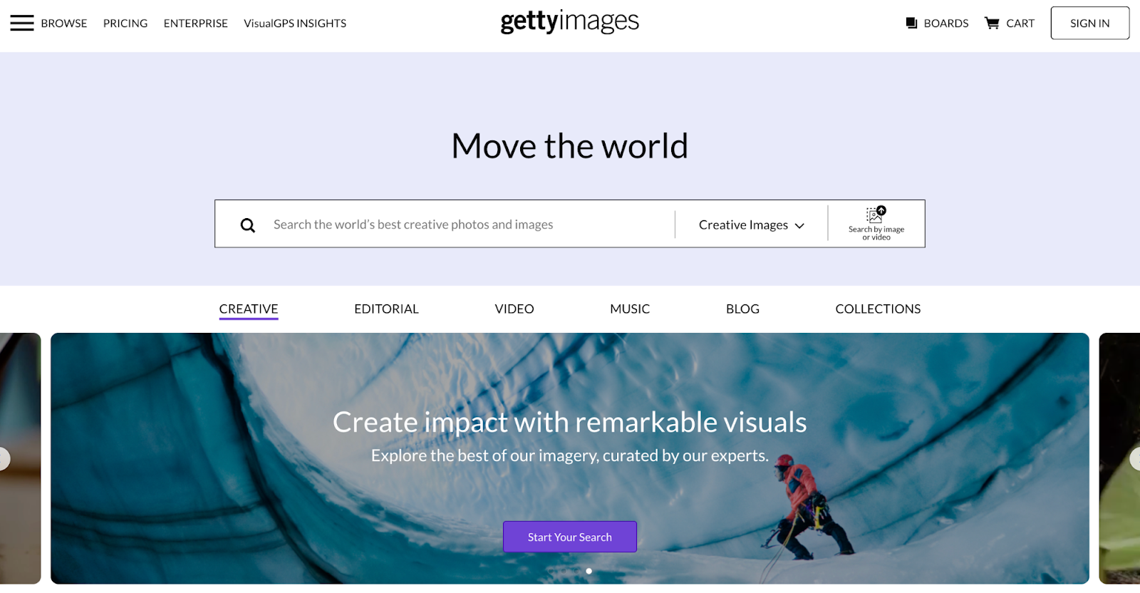 Getty Images website with an image search bar and a menu of different image options and categories.