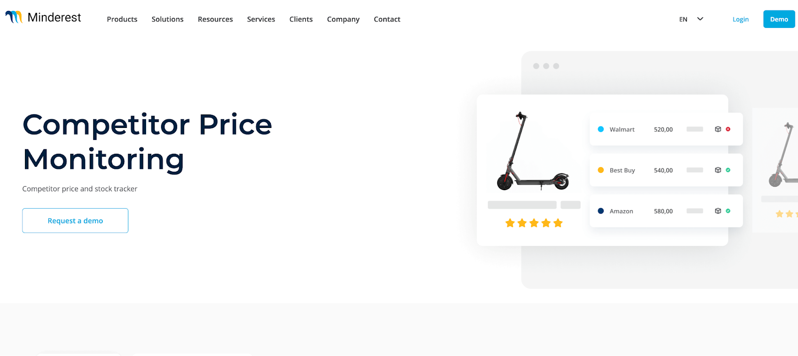 Mindrest’s website featuring its competitor price monitoring tool and demo request.