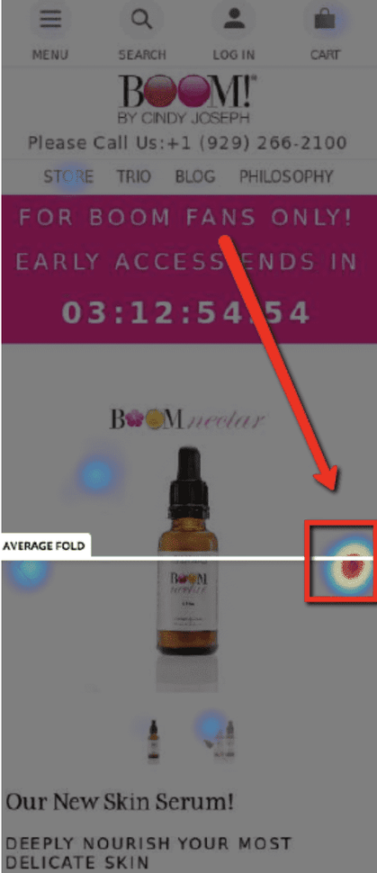 Screengrab of BOOM!'s mobile site with heatmap showing scrolling.
