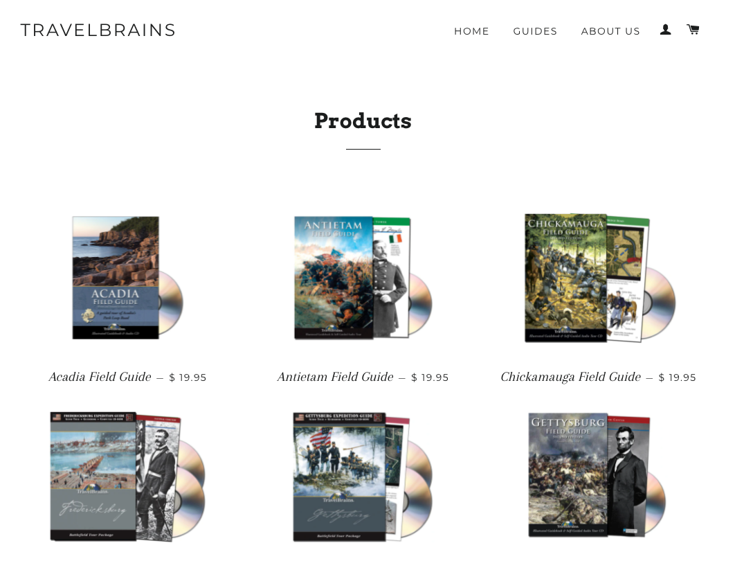 Screengrab of Travel Brains products page featuring DVDs.