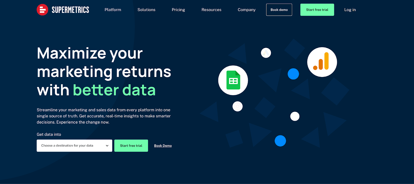 Ecommerce reporting tool, Supermetrics homepage with illustrations of data.