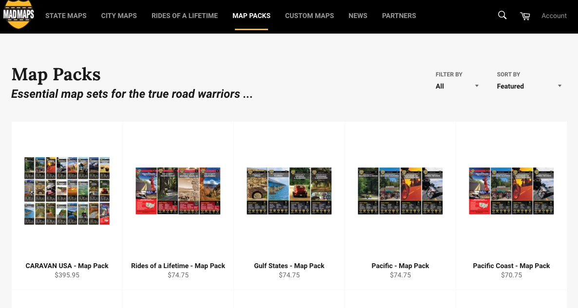 Screengrab of Mad Maps website with map packages.