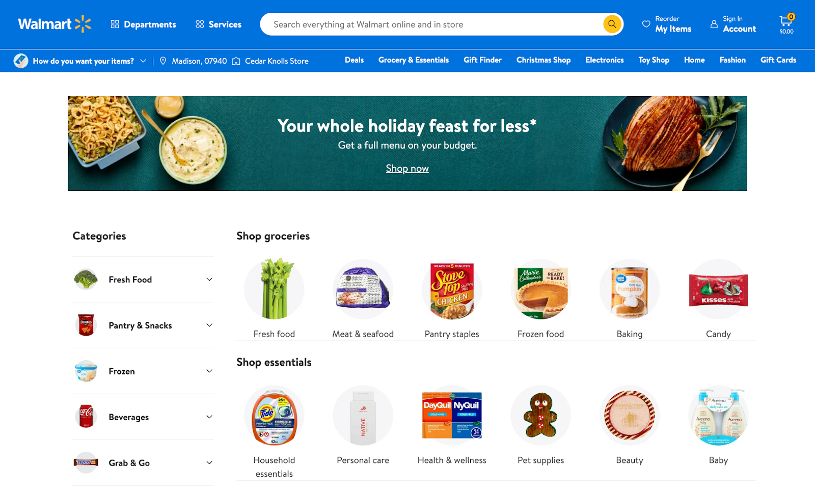 Walmart web page with categories and product page of available groceries and essentials.