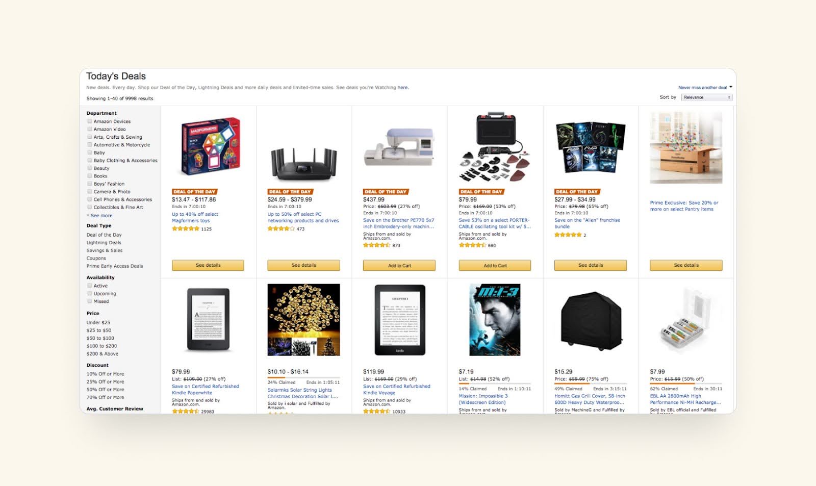 Screenshot of Amazon Today's Deals featuring various products running deals.