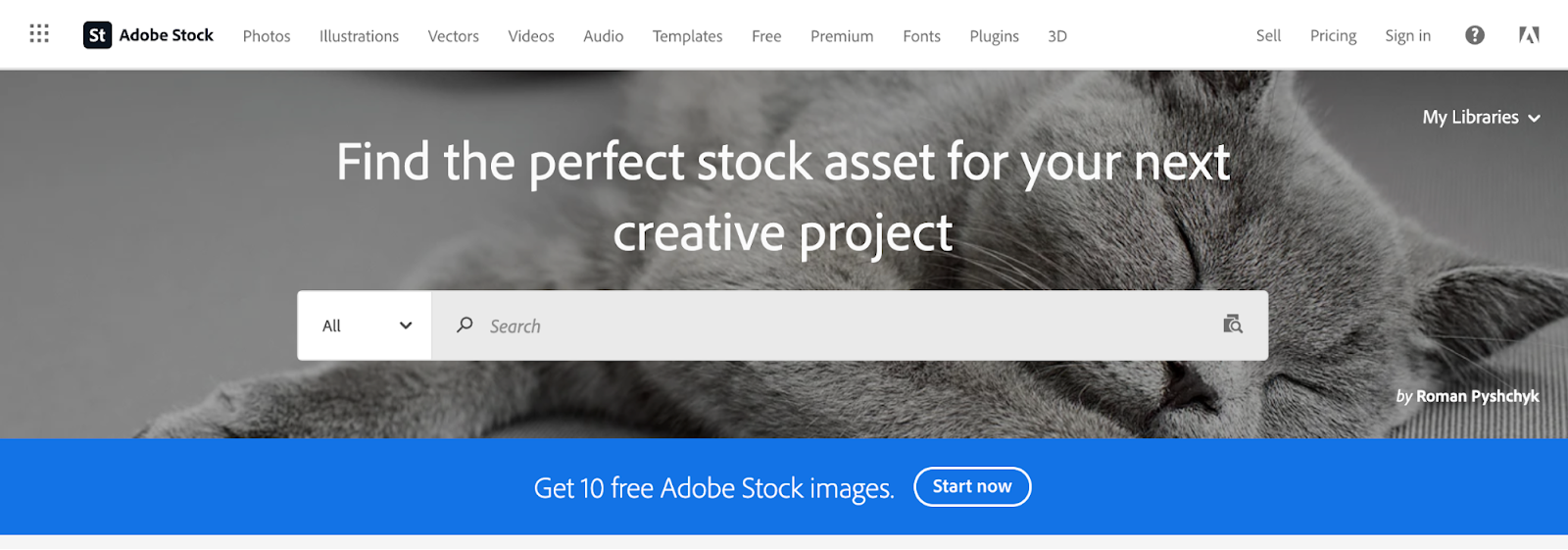 Adobe Stock website with an image search under a menu of product categories.