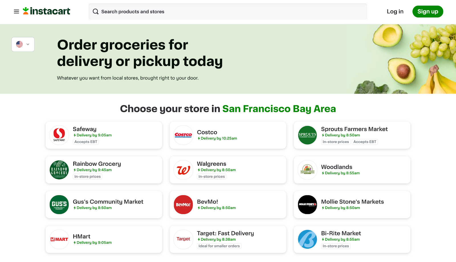Instacart web page with a choice of grocery stores in the SF Bay Area.
