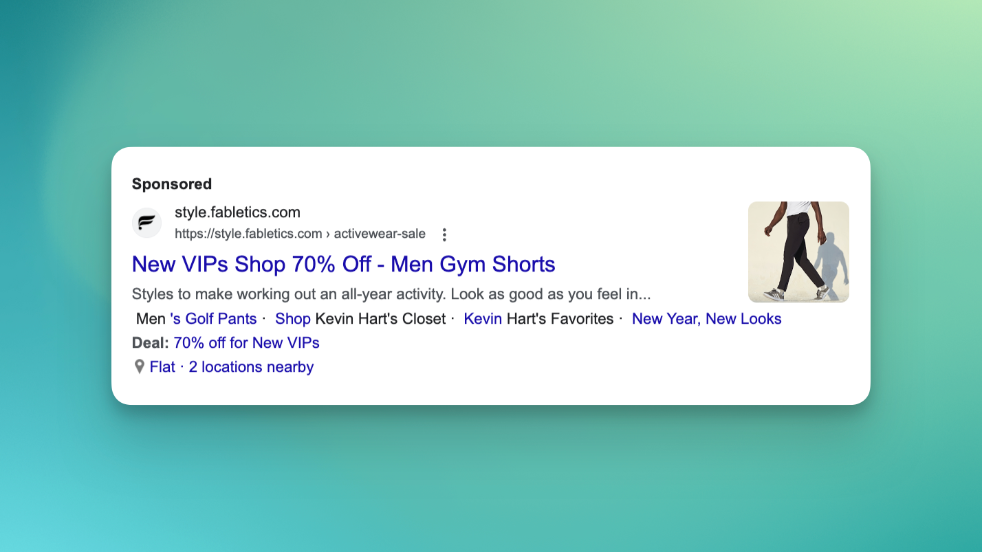 A PPC paid search ad campaign by Fabletics that offers 70% off of men's gym shorts