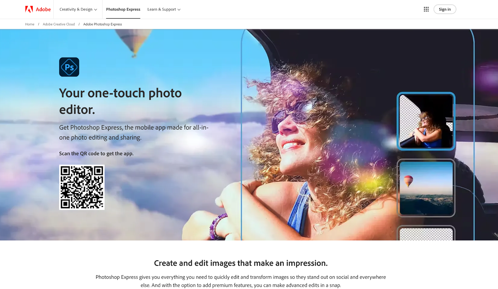 Homepage for free photo editor, Photoshop Express, with QR code to download app.