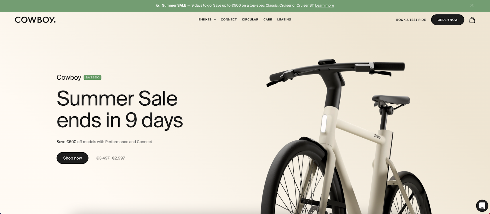 A banner ad for Cowboy bikes that says, “Summer Sale ends in 9 days.”