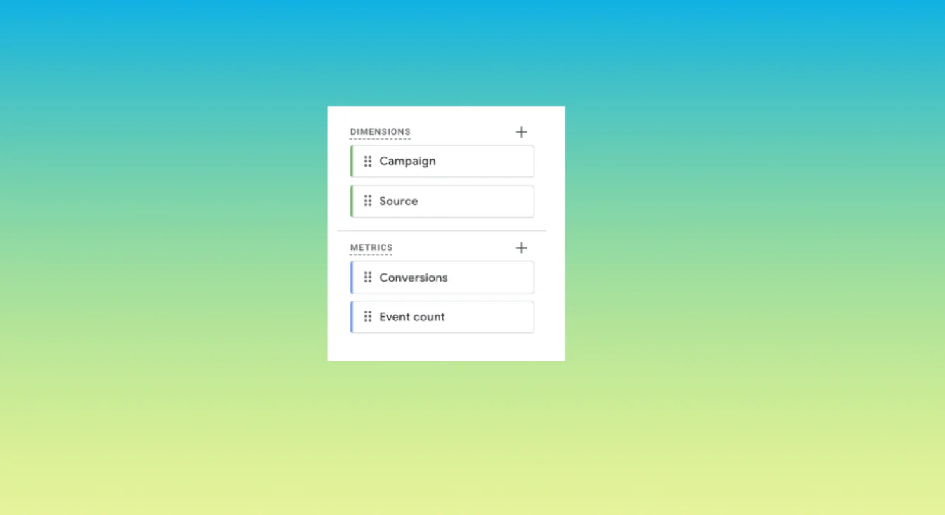 Examples of dimensions and metrics indicated by color on a gradient background.