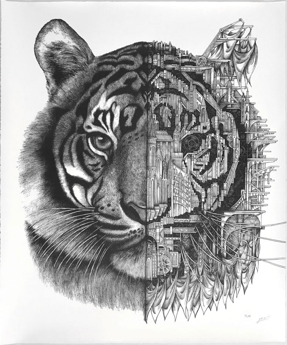 A picture of an art piece by ARDIF which is a mixture of mechanics with an image of a tiger. 