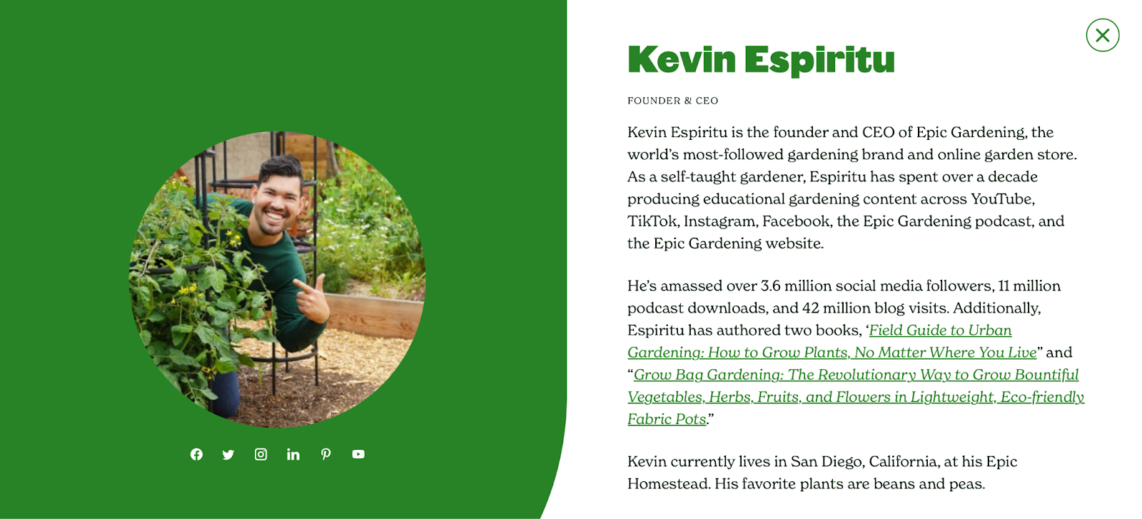 Kevin Espiritu’s professional bio on Epic Gardening site.