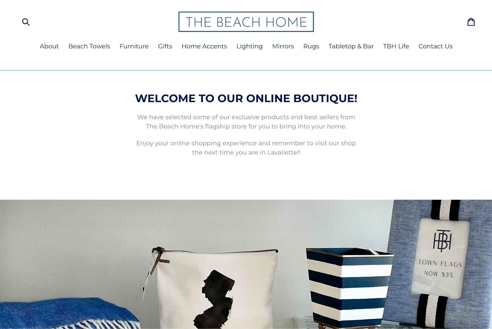 The Beach Home home page with horizontal navigation bar and product images under a welcome message.