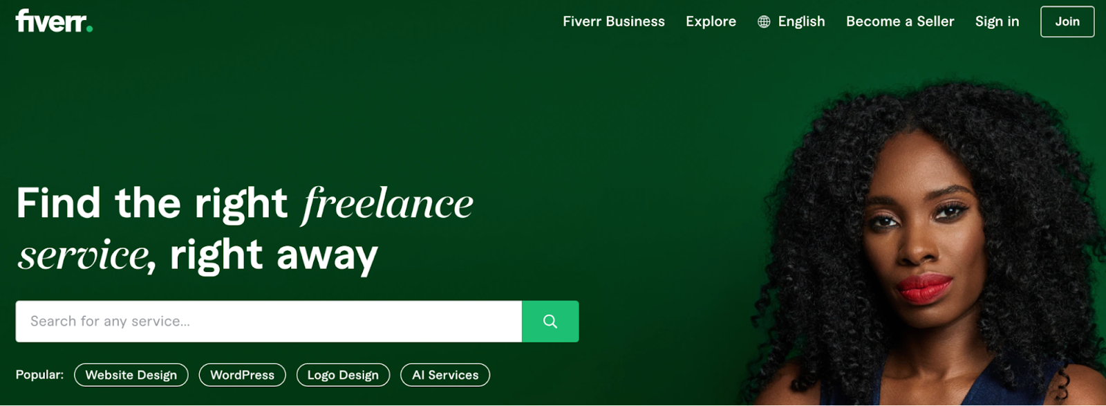Fiver homepage with search bar for freelance jobs, an online business idea.