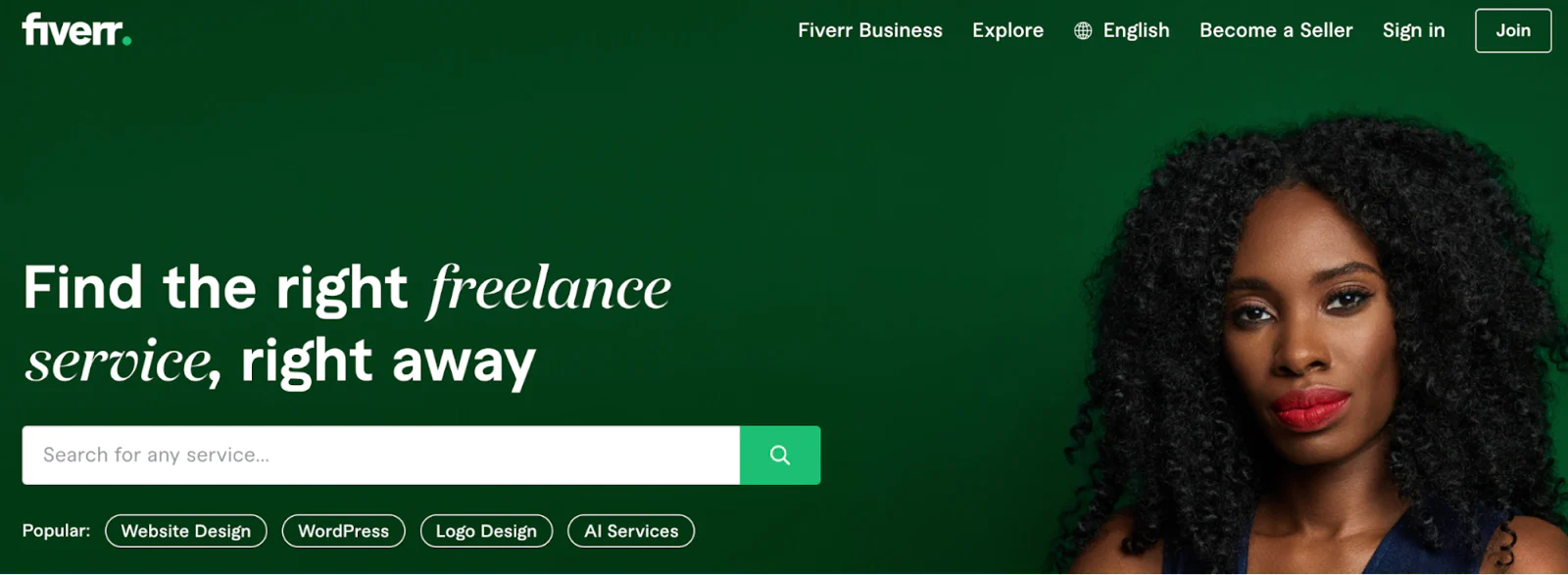 Fiver homepage with search bar for freelance jobs, an online business idea.