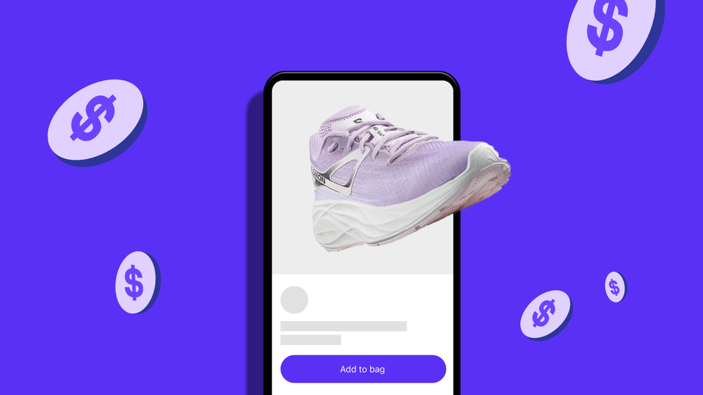Illustration of a mobile app featuring a sneaker with dollar signs surrounding it