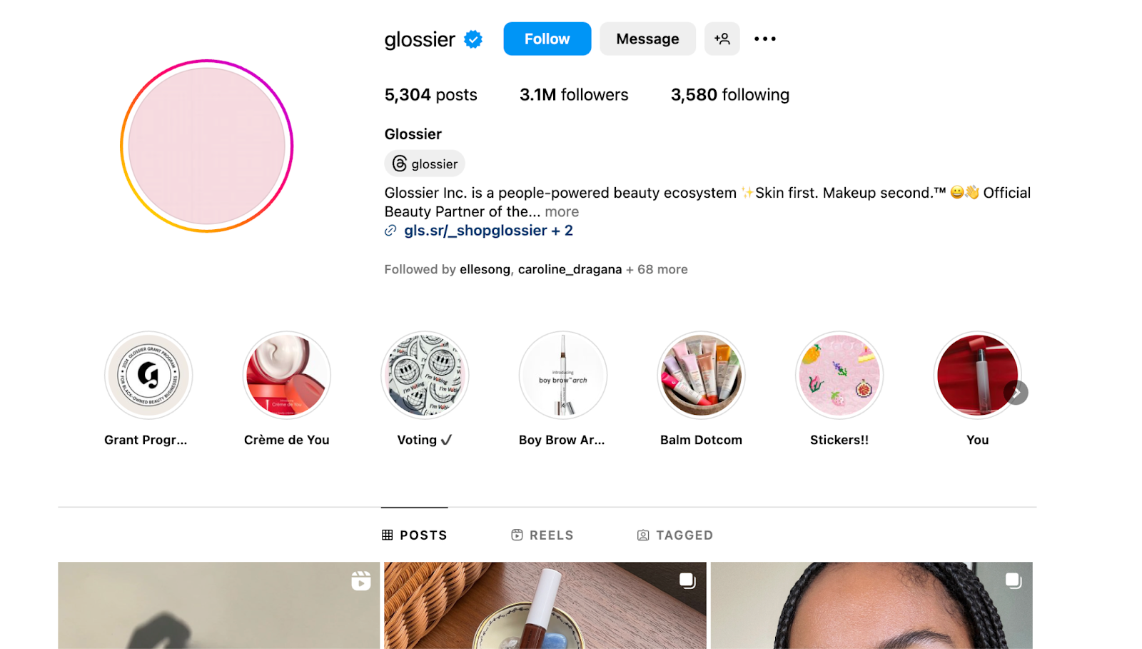 Glossier’s page shows Instagram highlight covers for stickers, balm dotcom and its grant program.