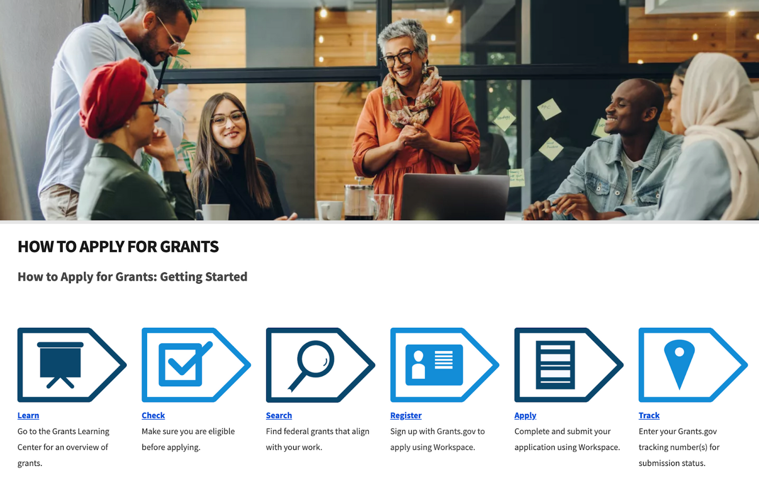 The grants.gov website provides an interface for finding grants, checking your eligibility, and applying.