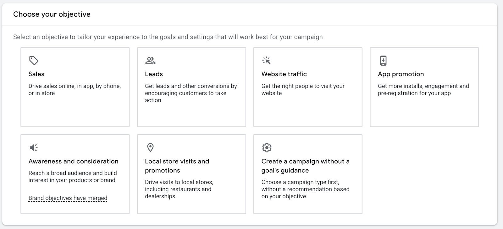 Google Ads campaign setup with objectives to choose from including leads, sales and awareness.