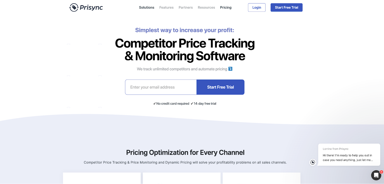 Prisync homepage with prompt to start free trial.