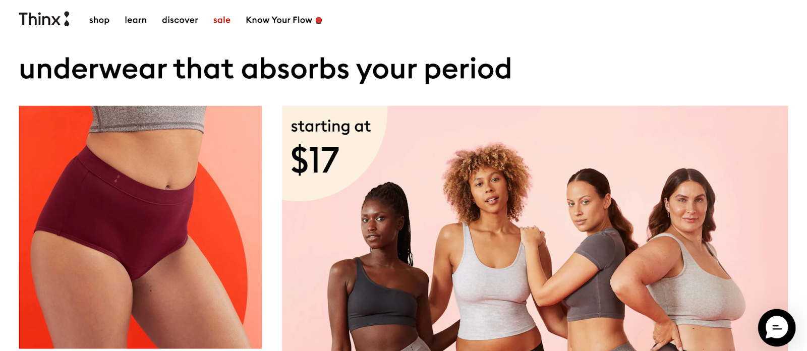Models wearing Thinx underwear next to a close-up image of the underwear, along with pricing information.