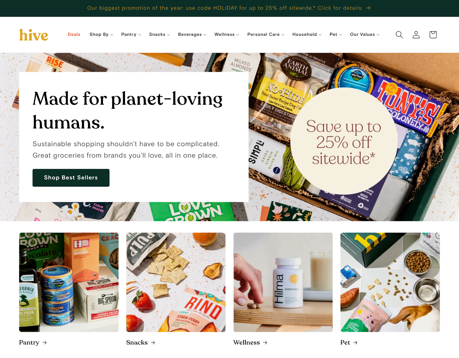 Hive web page "made for planet-loving humans" and prompt to shop and product categories below.