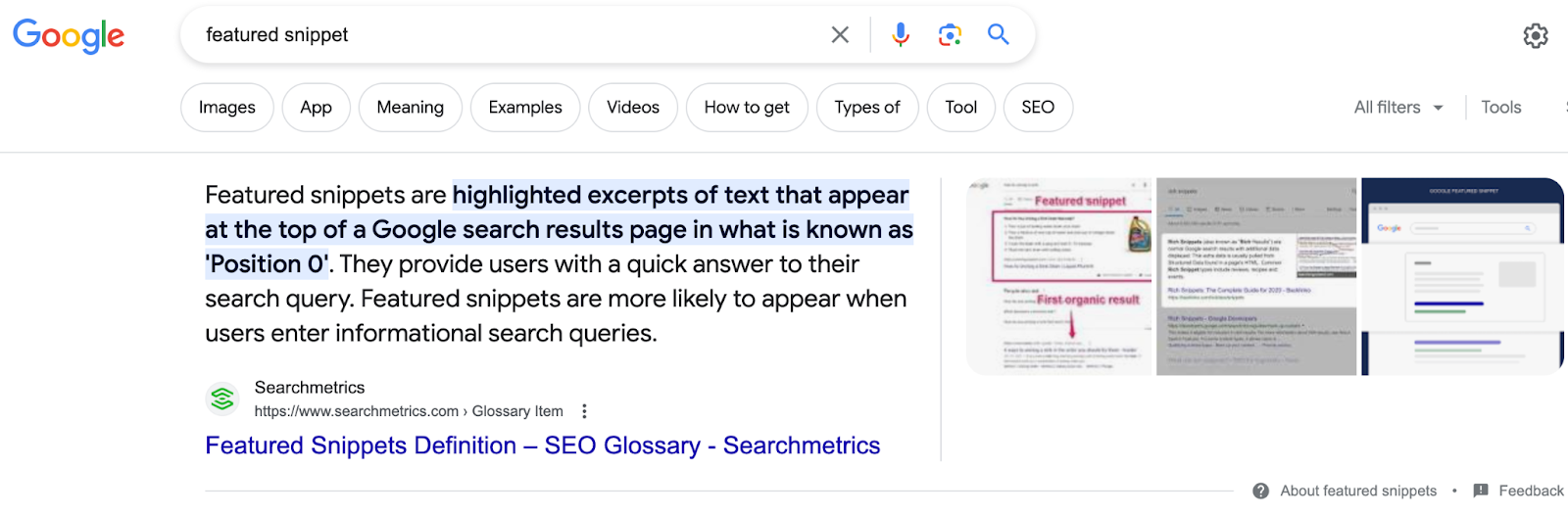 Featured snippet for the Google search query "featured snippets"