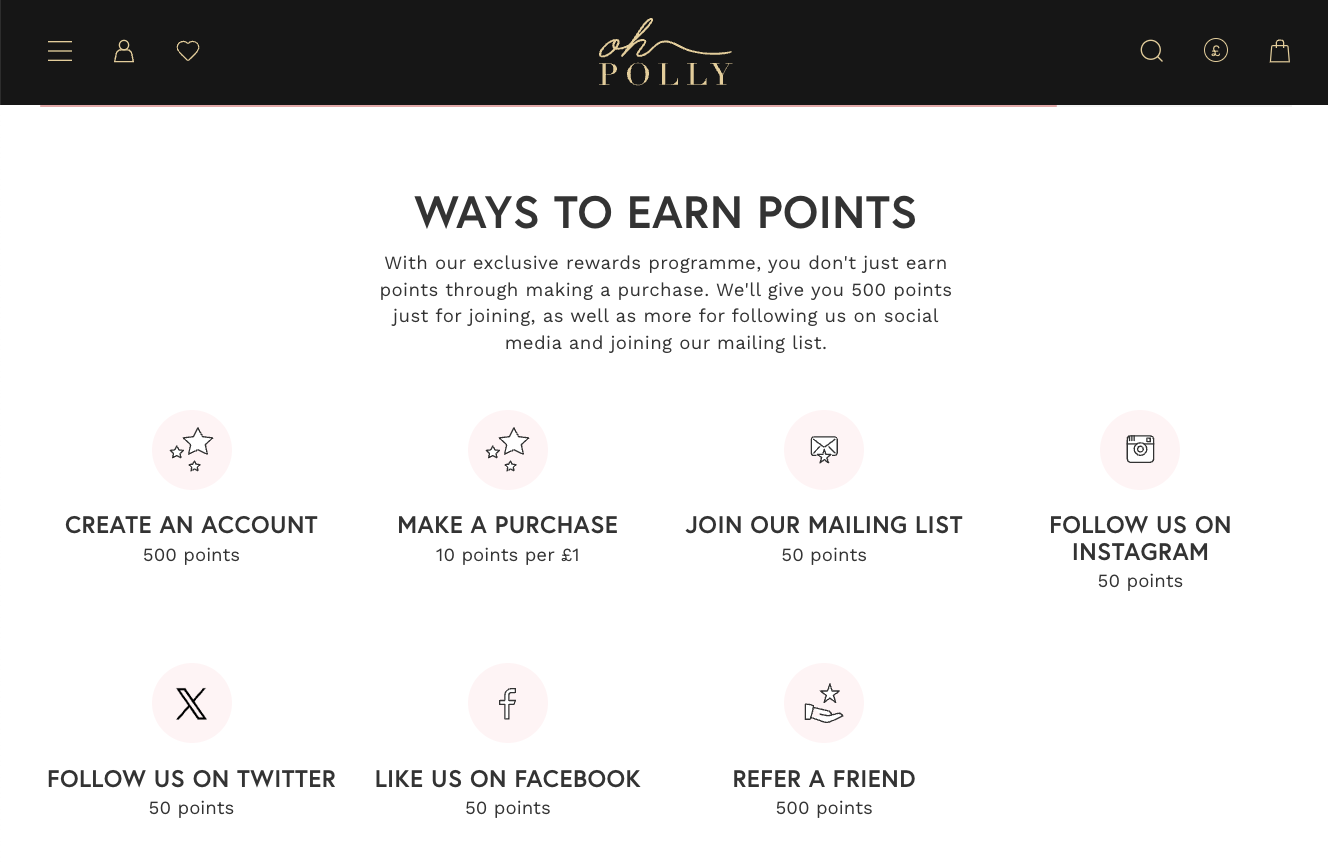 Oh Polly’s reward points program offers five ways to earn points, including referring a friend for 500 points.