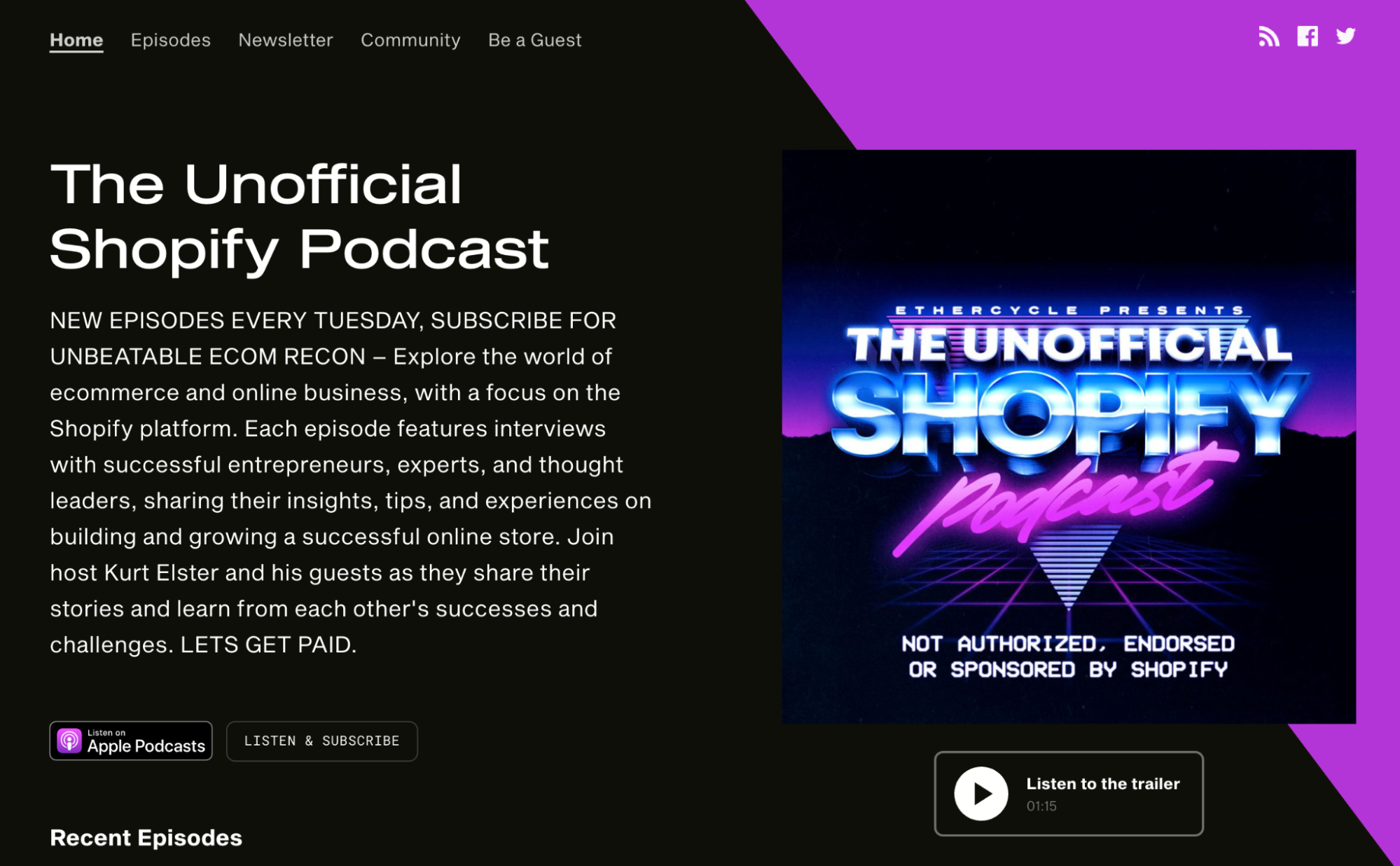 unofficial shopify podcast landing page