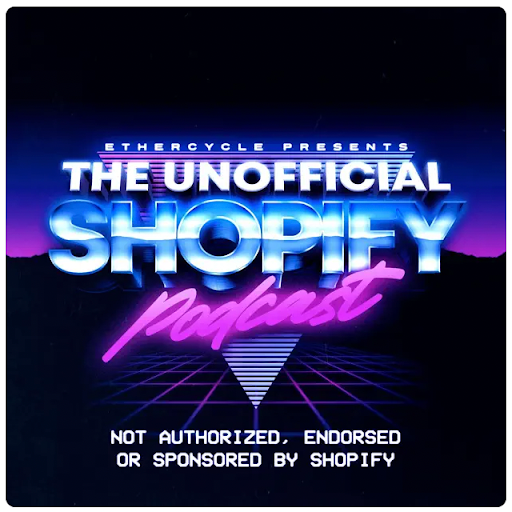 The logo for the Unofficial Shopify podcast. Black background with bold bubble text and bright blue and purple color accents.