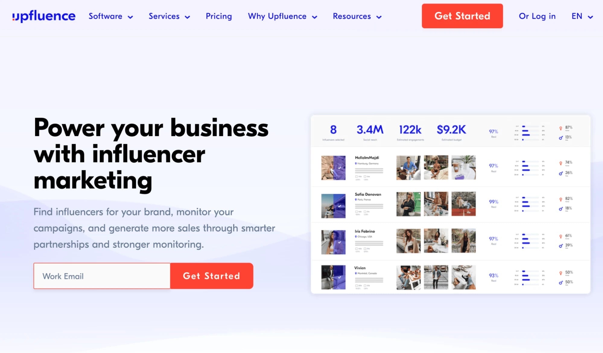 Upfluence landing page with the caption “Power your business with influencer marketing”