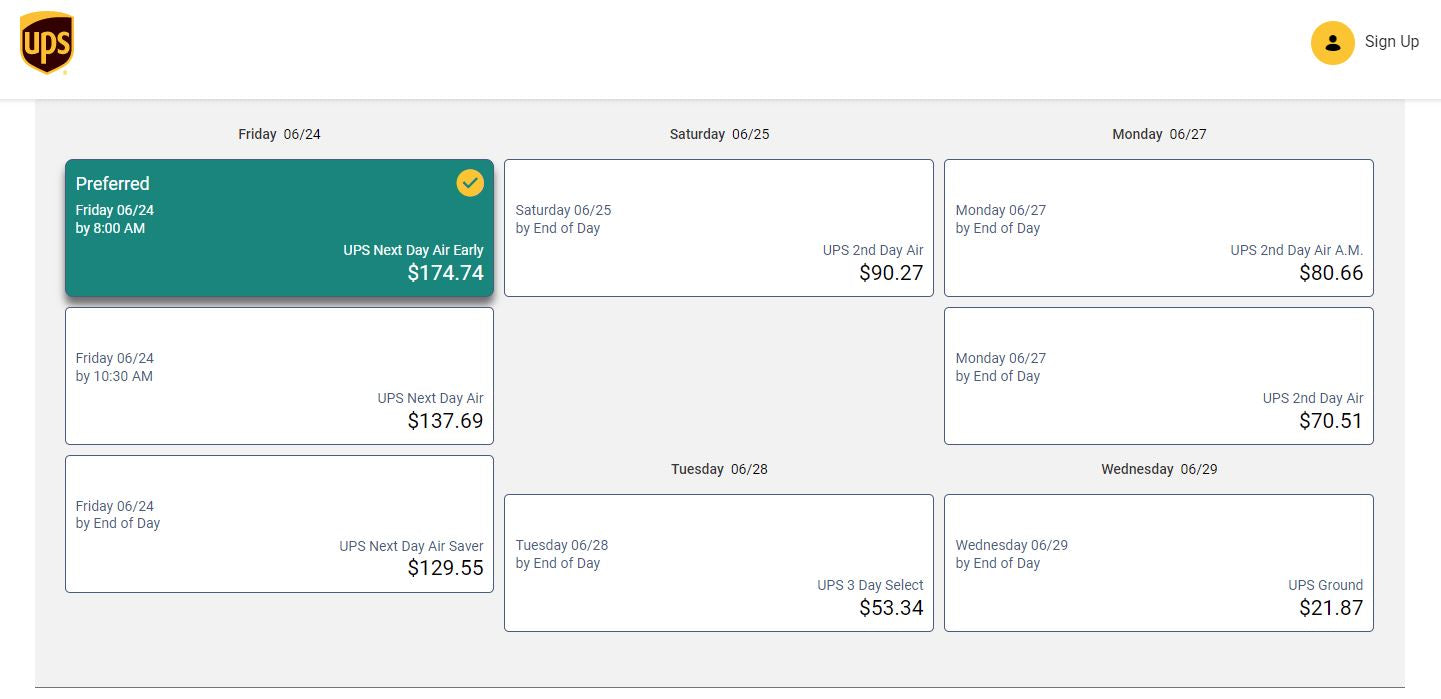 UPS overnight shipping options screenshot