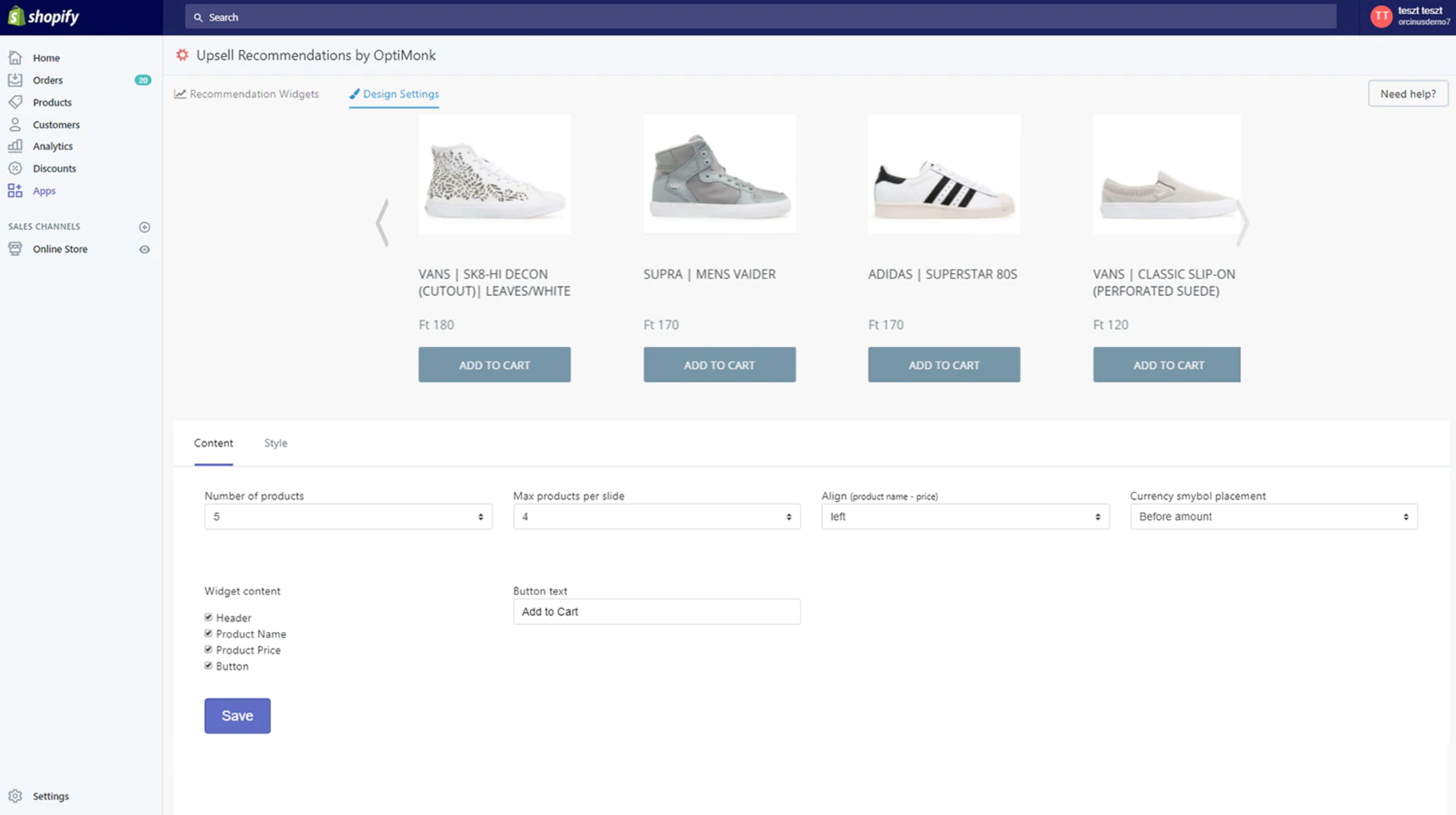 Upselling recommendations app within the Shopify store showing shoes.