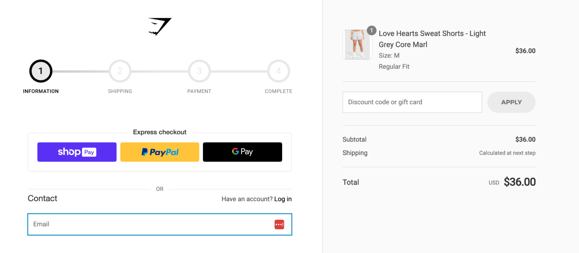 Gymshark’s US online store showing a $36 product in the cart.