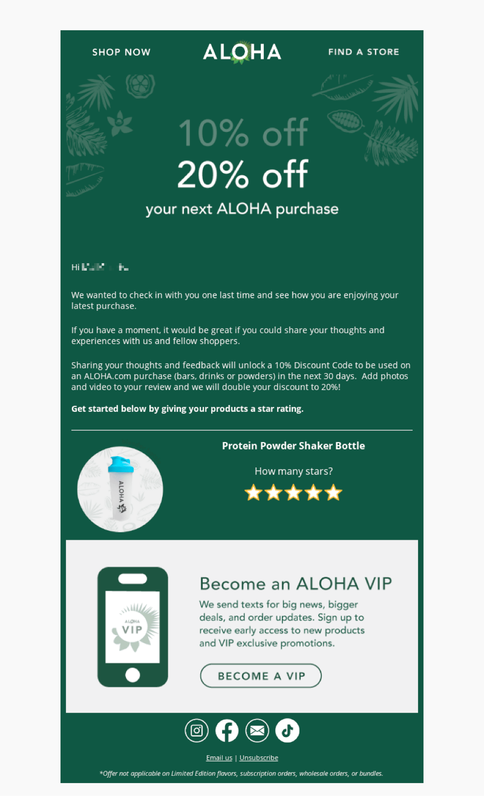 Capture d'écran d'un e-mail d'après-vente d'Aloha demandant un CGU sous la forme d'un commentaire sur un produit en échange d'une remise de 10 % ou 20 % sur la prochaine commande du client.